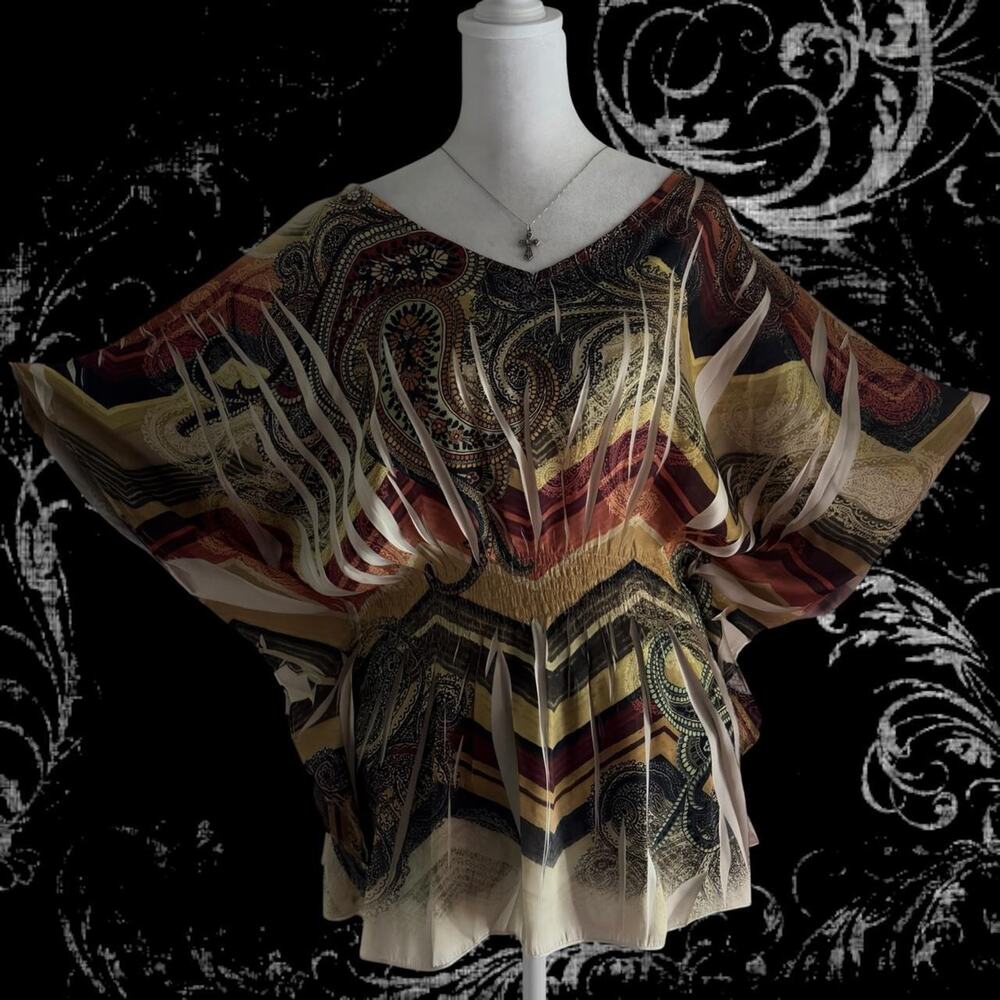 v neck brown cinched waist paisley swirl chevron stripes whimsical boho glam top